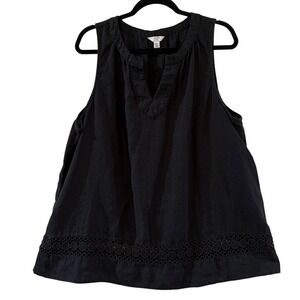 Crown & Ivy Womens XXL Black 100% Linen Sleeveless Eyelet Lace Hem Top Boho